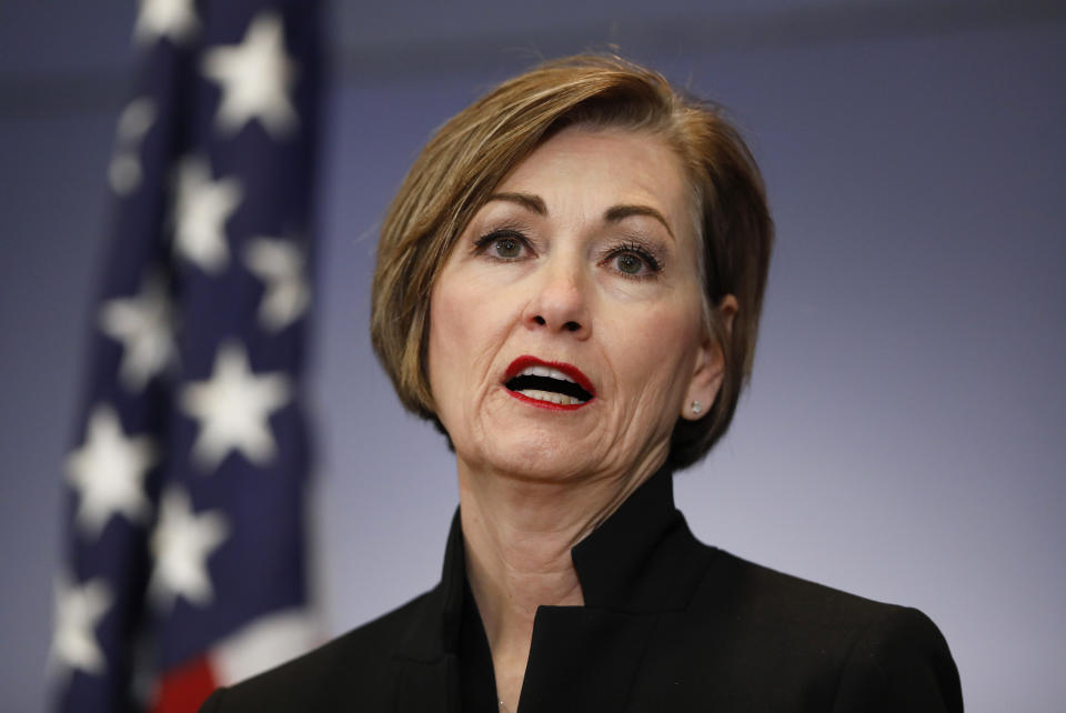 FILE - In this April 9, 2020, file photo Iowa Gov. Kim Reynolds updates the state's response to the coronavirus outbreak during a news conference at the State Emergency Operations Center in Johnston, Iowa. (AP Photo/Charlie Neibergall, Pool, File)