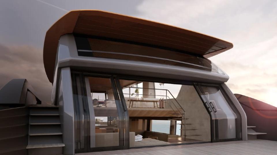 The loft-like structure on the SP110 shows a transparent interior layout that connects with the open stern. - Credit: Courtesy Sanlorenzo