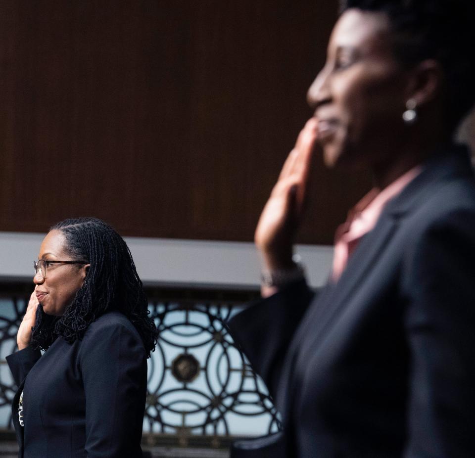 Candace Jackson-Akiwumi, nominated to be a U.S. Circuit Judge for the Seventh Circuit, right, and Ketanji Brown Jackson, nominated to be a U.S. Circuit Judge for the District of Columbia Circuit, are sworn in during a Senate Judiciary Committee hearing on pending judicial nominations, Wednesday, April 28, 2021 on Capitol Hill in Washington.