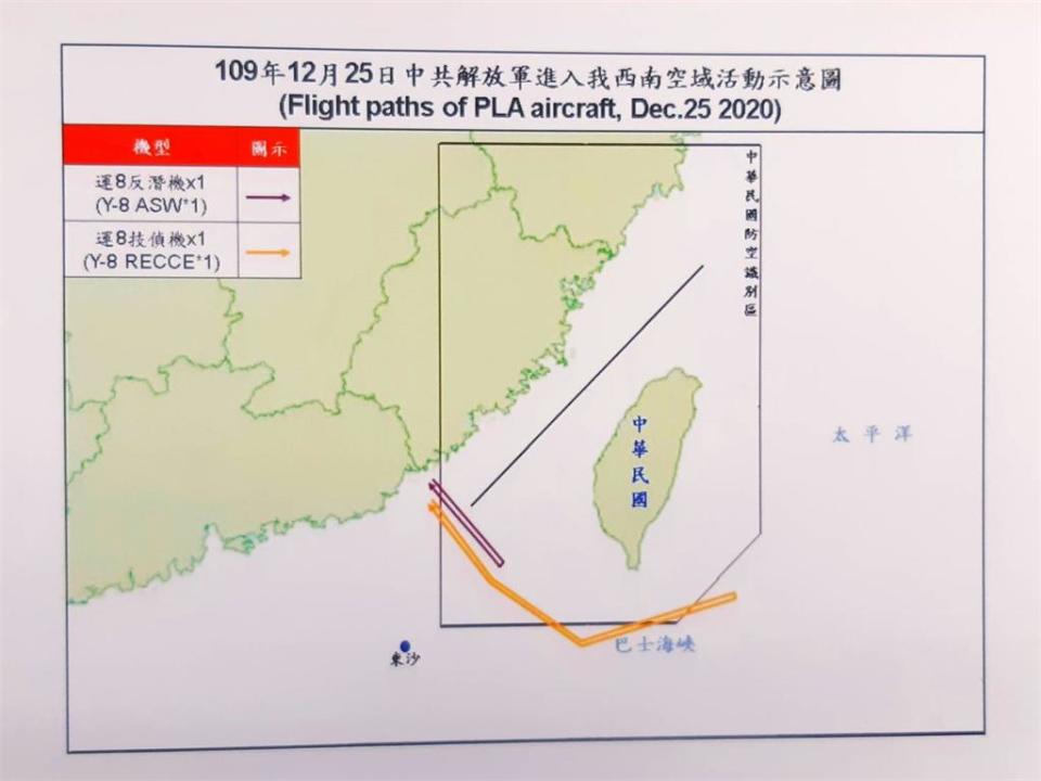 中國「運-8反潛機」、「運-8技術偵察機」今天侵犯台灣西南防空識別區（ADIZ）。（圖／國防部提供）