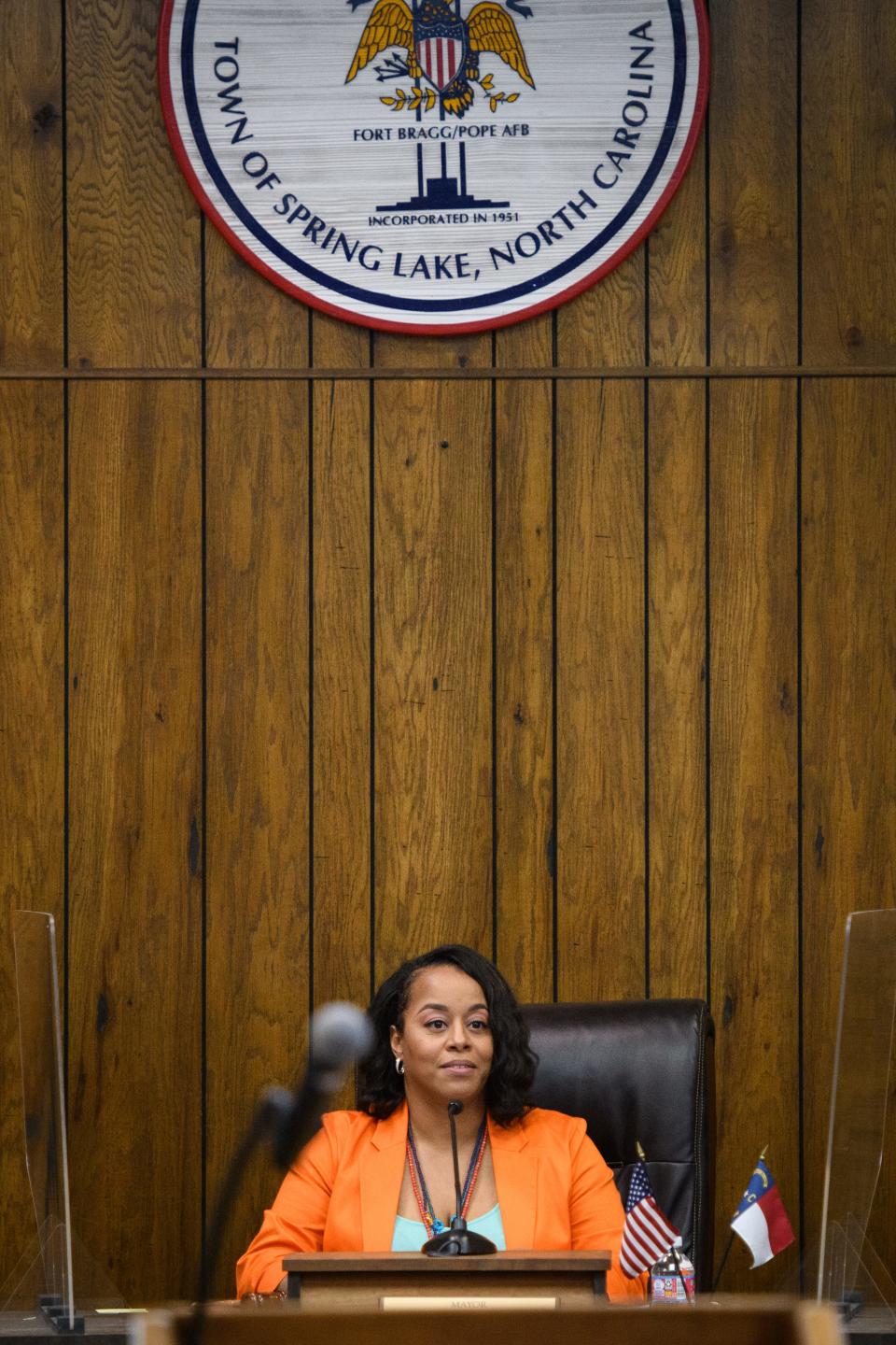 Mayor Kia Anthony speaks during a Spring Lake Board of Aldermen meeting on Monday, March 28, 2022.