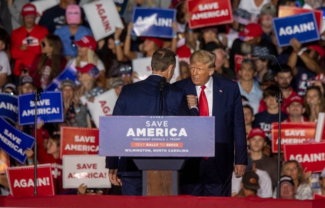 Former president Donald Trump endorses District 13 U.S. Rep. and U.S. Senate candidate Ted Budd during a rally at Wilmington International Airport Friday, Sept. 23, 2023.