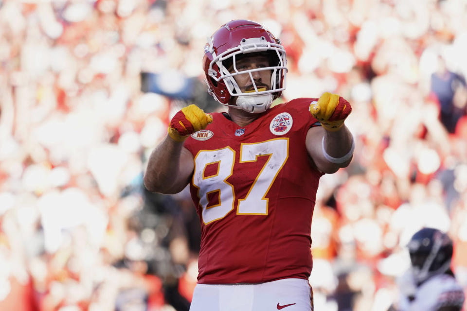 Image: Travis Kelce, a tight end for the Kansas City Chiefs, celebrates after scoring a touchdown against the Chicago Bears on Sunday. (Ed Zurga / AP)