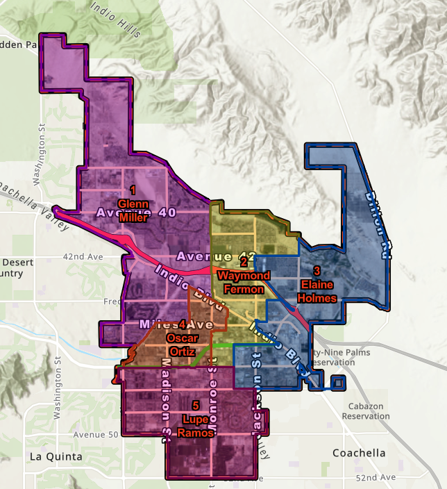 A map of Indio's five council districts and the current councilmember in each.