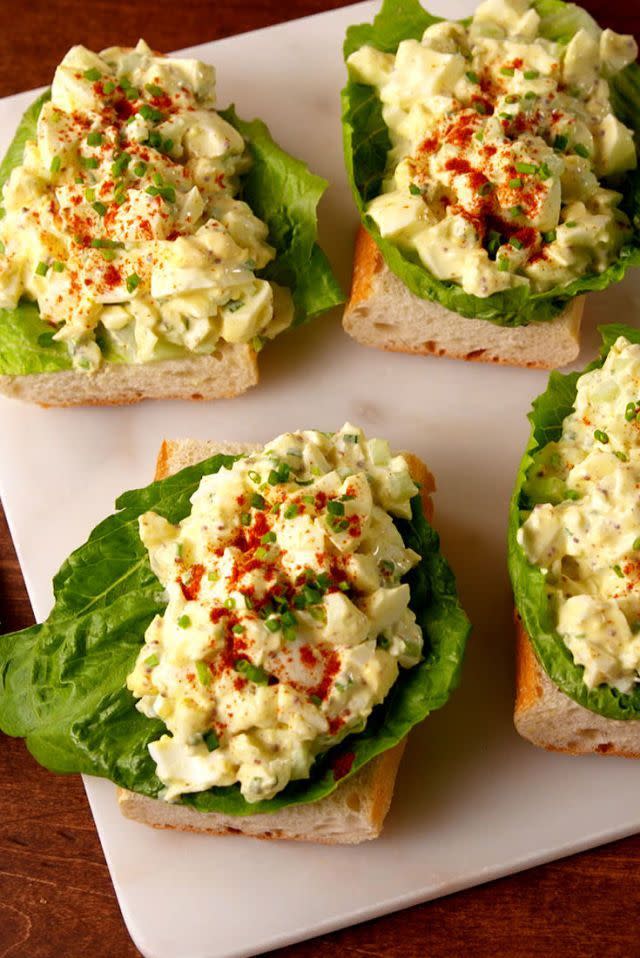 <p>Make this egg salad using your extra seder plate <a href="https://www.delish.com/cooking/recipe-ideas/recipes/a58284/how-to-make-perfect-hard-boiled-eggs/" rel="nofollow noopener" target="_blank" data-ylk="slk:hard-boiled eggs;elm:context_link;itc:0;sec:content-canvas" class="link ">hard-boiled eggs</a>. Feel free to sub the mayonnaise for sour cream or Greek yogurt if you can't find OU-P mayo.</p><p>Get the <strong><a href="https://www.delish.com/cooking/recipe-ideas/recipes/a51871/egg-salad-recipe/" rel="nofollow noopener" target="_blank" data-ylk="slk:Best-Ever Egg Salad recipe;elm:context_link;itc:0;sec:content-canvas" class="link ">Best-Ever Egg Salad recipe</a></strong>.</p>