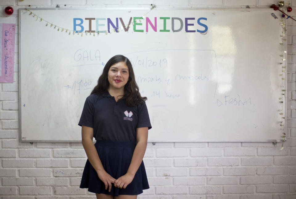 In this Dec.14, 2018 photo, Angela, a transgender girl, poses for a photo at the Amaranta Gomez school in Santiago, Chile. Growing up as a transgender child in Chile, Angela was so desperate to escape the physical and verbal abuse from other students at her elementary school that she thought about taking her own life. Now she has found hope at the Amaranta Gomez school, Latin America’s first school for trans children. (AP Photo/Esteban Felix)