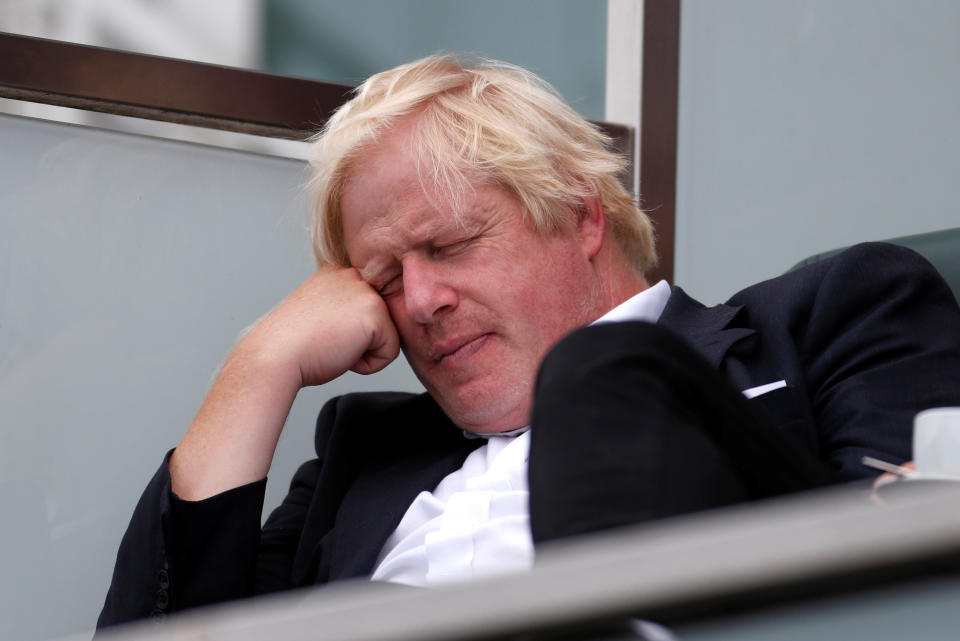 Britain's former Foreign Secretary Boris Johnson takes a nap whilst watching the England cricket team play India at The Oval cricket ground in London, Britain, September 8, 2018. REUTERS/Paul Childs