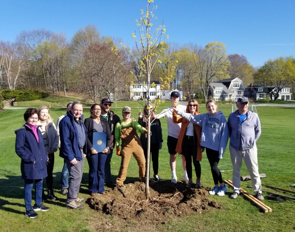 The traditional Arbor Day in Portsmouth ceremonial tree-planting took place at Little Harbour Elementary School with Assistant Mayor Joanna Kelley, City Manager Karen Conard, Portsmouth Rotary President Joan Dickinson, City Arborist Max Wiater and DPW Parks Division team members, the City Trees & Public Greenery Committee and three Eco-Club students from Portsmouth High School: Evy Douglass, Hamish O’Hare and Lucy Brown.