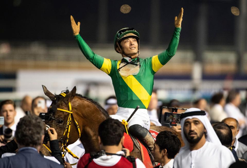Ushba Tesoro jockey Yuga Kawada reacts after winning the Dubai World Cup in March. Ushba Tesoro is considered the best dirt horse in Japan.