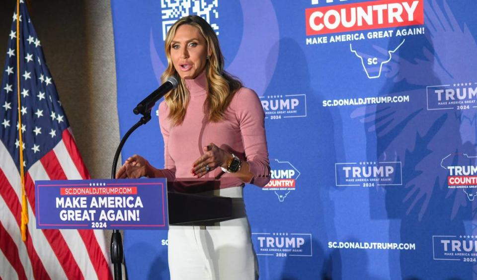 Lara Trump campaigned for her father-in-law, Donald J. Trump, at the Veterans of Foreign War Post 8760 three days before South Carolina’s Republican Presidential Primary on Wednesday, Feb. 21, 2024, in Beaufort.