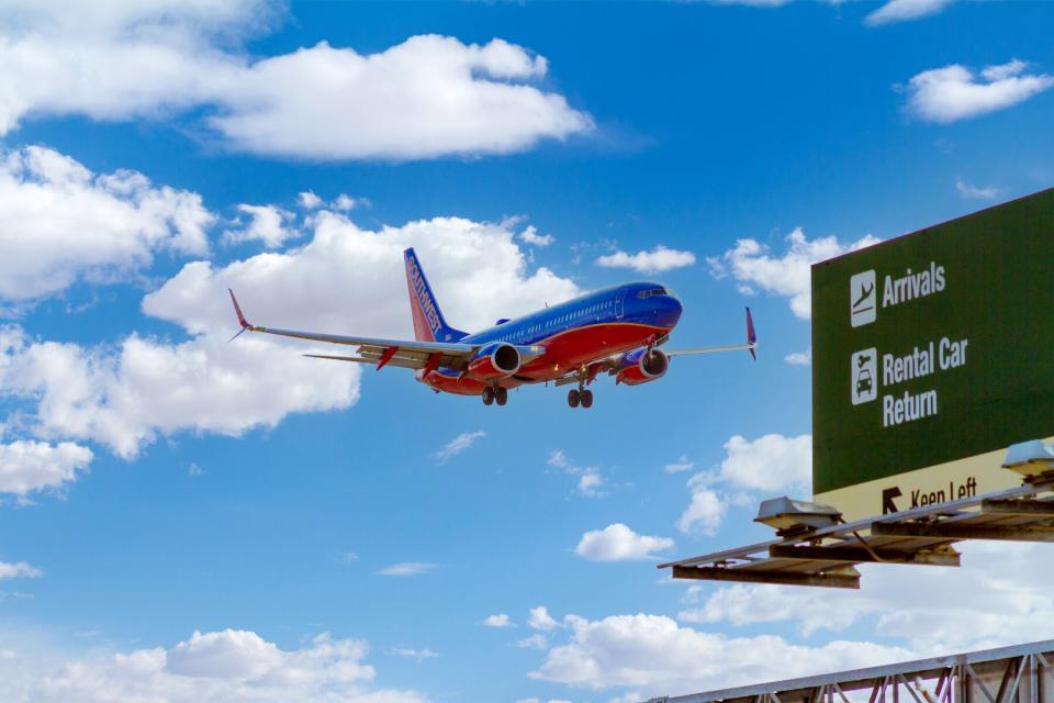 Southwest Airlines airplane coming in for a landing at John Wayne Airport in Orange County, California.