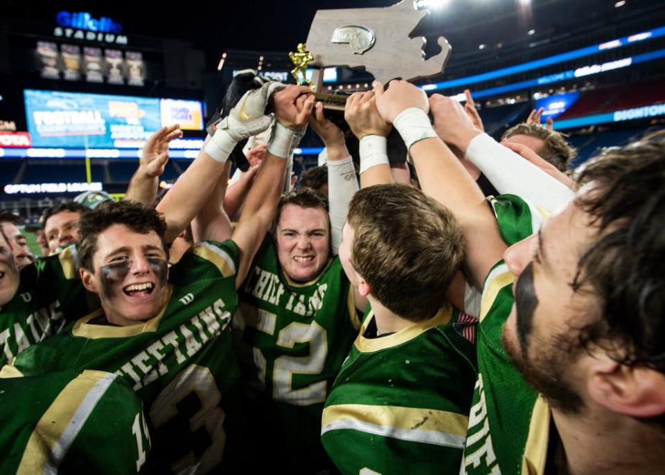 Nashoba players celebrate after defeating Dighton-Rehoboth in the Division 4 state title Super Bowl game at Gillette Stadium on Nov. 30, 2018.