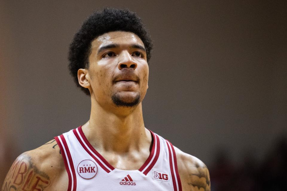 Mar 10, 2024; Bloomington, Indiana, USA; Indiana Hoosiers center Kel'el Ware (1) in the first half against the Michigan State Spartans at Simon Skjodt Assembly Hall.