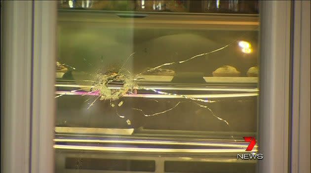 7News: A bullet hole in the dessert bar of the restaurant.