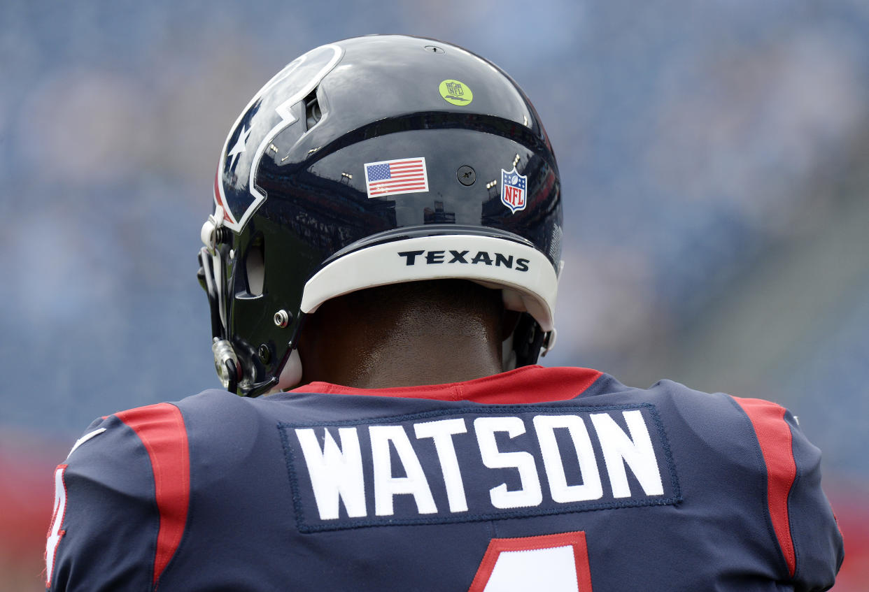 Houston Texans quarterback Deshaun Watson warms up before an NFL football game between the Texans and the Tennessee Titans Sunday, Sept. 16, 2018, in Nashville, Tenn. (AP Photo/Mark Zaleski)