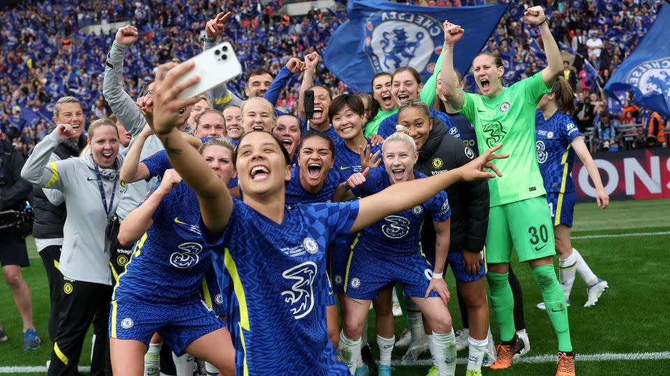 Kerr takes a selfie as she celebrates with her Chelsea teammates after winning the Women's FA Cup in 2022. - Eddie Keogh/The FA/Getty Images