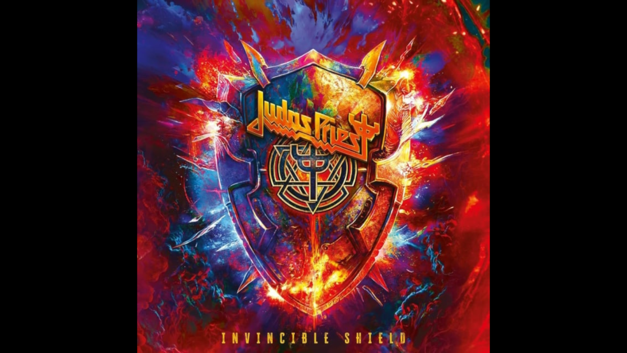  A picture of the cover artwork for upcoming new Judas Priest album Invincible Shield. 