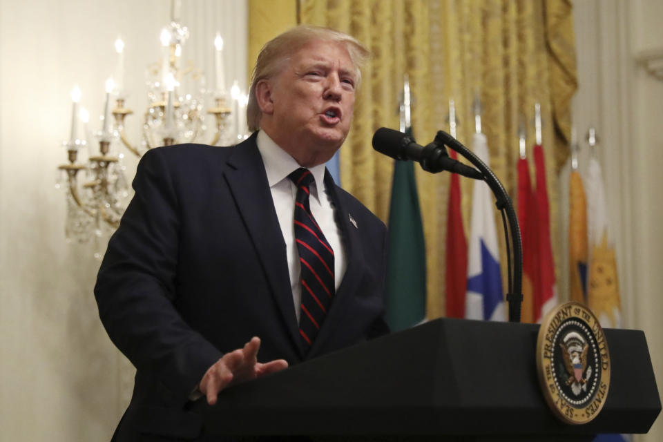 CORRECTS DAY OF WEEK TO FRIDAY FROM THURSDAY- President Donald Trump speaks at the Hispanic Heritage Month Reception in the East Room of the White House in Washington, Friday, Sept. 27, 2019. (AP Photo/Carolyn Kaster)