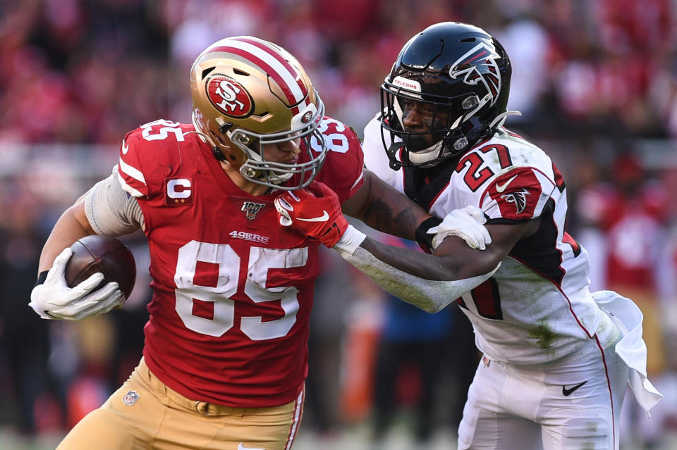 SANTA CLARA, CA - DECEMBER 15: San Francisco 49ers Tight End George Kittle (85) is tackled by Atlanta Falcons Cornerback Damontae Kazee (27) during the NFL game between the Atlanta Falcons and San Francisco 49ers at Levi's Stadium on December 15, 2019 in Santa Clara, CA. (Photo by Cody Glenn/Icon Sportswire via Getty Images)