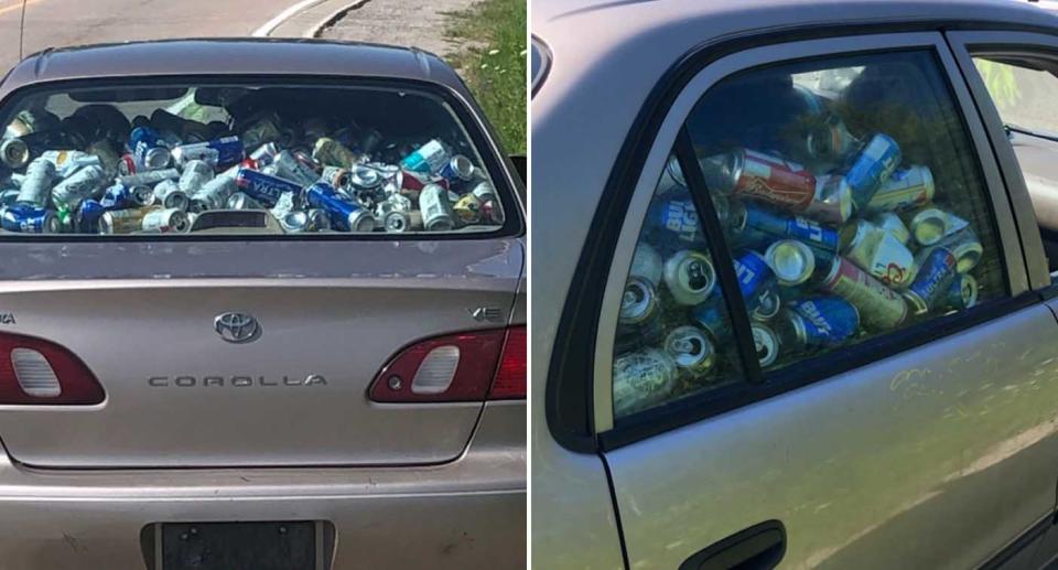 A Toyota Corolla is pictured filled with drink cans.