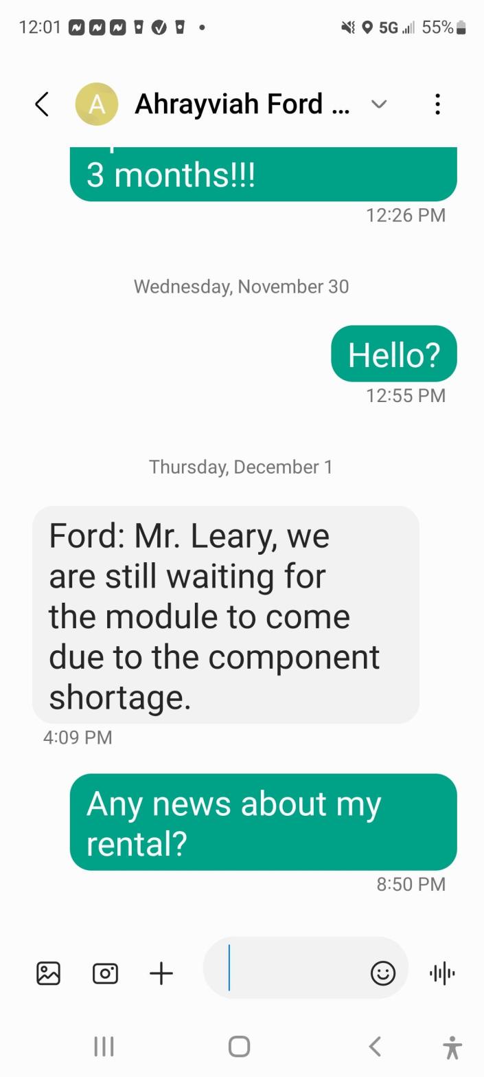 Mark Leary of Virginia Beach, Virginia is the owner of a 2014 Ford Focus. He said customer service is the worst he has ever experienced. This is a text exchange from Dec. 1, 2022.