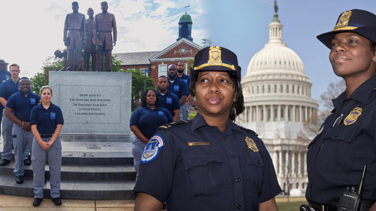 The fourth Lincoln University Law Enforcement Academy graduation class stands by a statue marked: Dedicated to the officers and soldiers of the 62nd and 68th United States Colored Infantries. (left). Right: Officers Yogananda Pittman and Monique Moore in Capitol Police uniform in front of the U.S. Capitol.