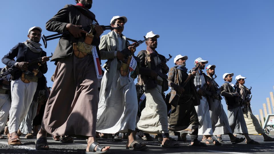 Newly recruited Houthi fighters during a parade in Sanaa, Yemen on December 2, 2023. - Khaled Abdullah/Reuters