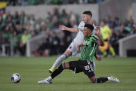 Austin FC defender Julio Cascante (18) and St Louis City FC midfielder Tomas Ostrak, left, reach for the ball during the first half of an MLS soccer match in Austin, Texas, Saturday, Feb. 25, 2023. (AP Photo/Eric Gay)