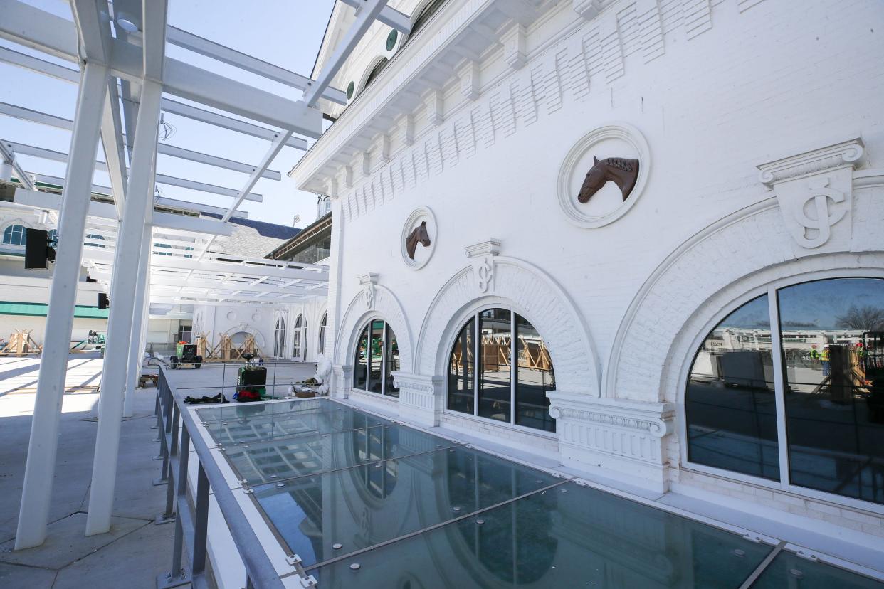 The saddling overlook at the new paddock at Churchill Downs on Tuesday, March 19, 2024. The new overlook shows off some of the original structure of the Jockey Club from 1895