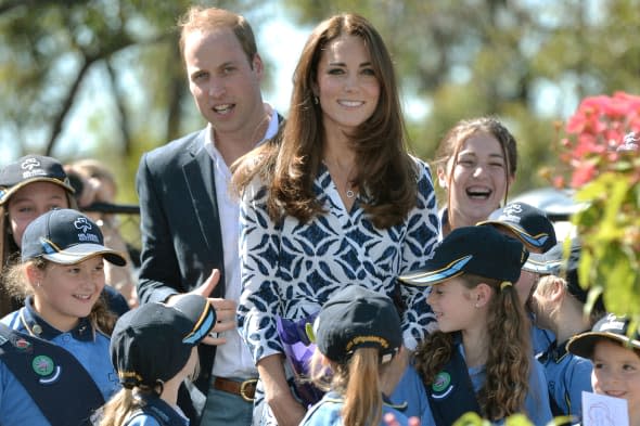 The Duke and Duchess of Cambridge pose with Winmalee Girl Guides after planting a Summer Red Eucalyptus at Winmalee Guide Hall in Yellow Rock during the eleventh day of their official tour to New Zealand and Australia. PRESS ASSOCIATION Photo. Picture date: Thursday April 17, 2014. See PA story ROYAL Tour. Photo credit should read: Anthony Devlin/PA Wire