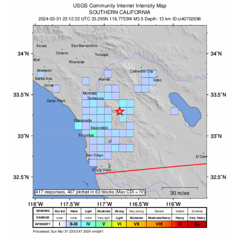 USGS earthquake intensity map Southern California earthquake March 31, 2024 (Courtesy: USGS)