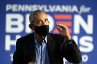 Former President Barack Obama speaks during a campaign event for Democratic presidential candidate former Vice President Joe Biden, Wednesday, Oct. 21, 2020, in Philadelphia. (AP Photo/ Matt Slocum)