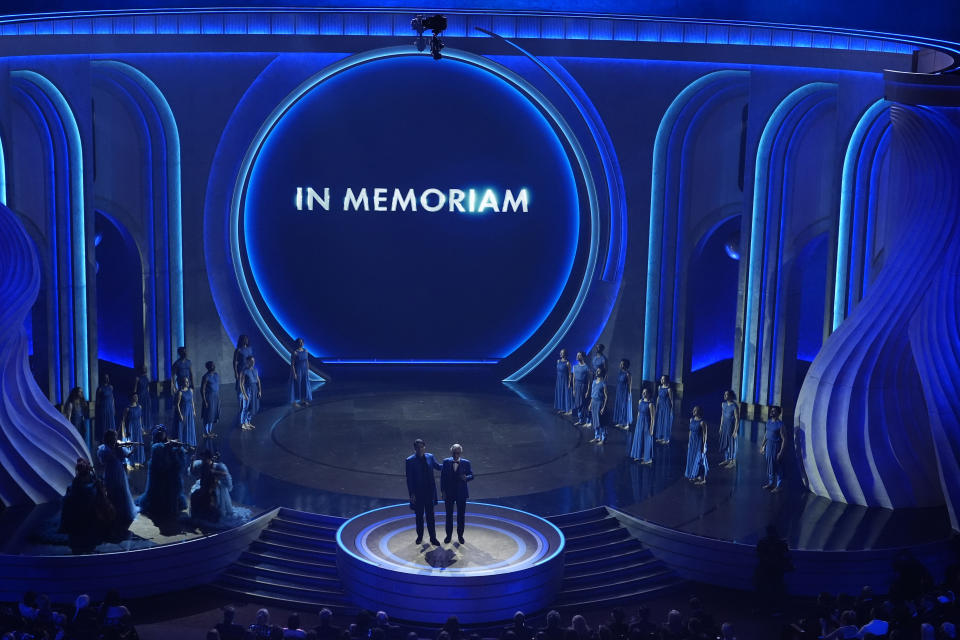 Matteo Bocelli, left, and Andrea Bocelli perform "Time to say Goodbye" during an in memoriam segment of the Oscars on Sunday, March 10, 2024, at the Dolby Theatre in Los Angeles. (AP Photo/Chris Pizzello)