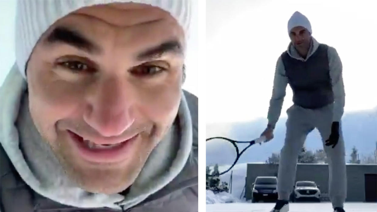 Roger Federer smiles and hits a tennis ball against the concrete wall in a video.