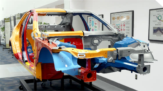 Steel automotive frame on display