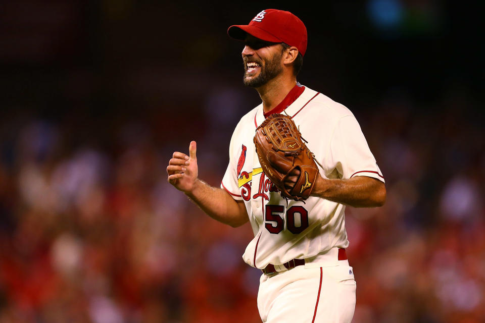 ST.  LOUIS, MO - JULY 16: Starter Adam Wainwright #50 celebrates after throwing a complete game against the Miami Marlins at Busch Stadium on July 16, 2016 in St. Louis.  Louis, Missouri.  (Photo by Dilip Vishwanat/Getty Images)