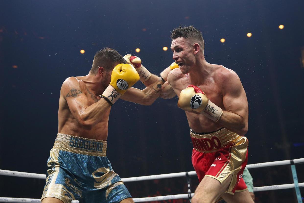 Hit parade: Callum Smith lands a right on Sweden’s Erik Skoglund on his way to reaching the semi-finals of the Super Series: Getty Images