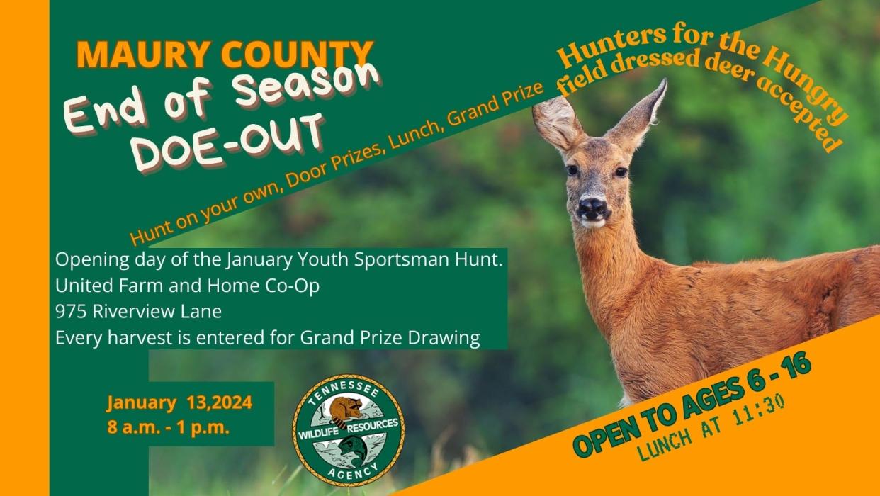 Young hunters are invited to the Tennessee Wildlife Resource Agency's End of the Season Doe-out at United Farm and Home Co-op from 8 a.m. to 1 p.m. Saturday.