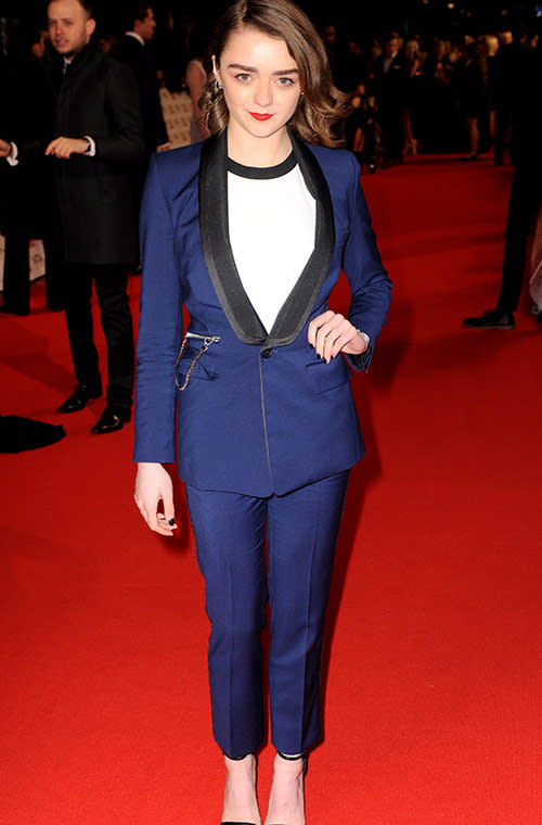 Maisie Williams was still girly, despite wearing menswear-inspired separates, in a Diesel Black Gold navy blue tuxedo in January at London's National Television Awards.