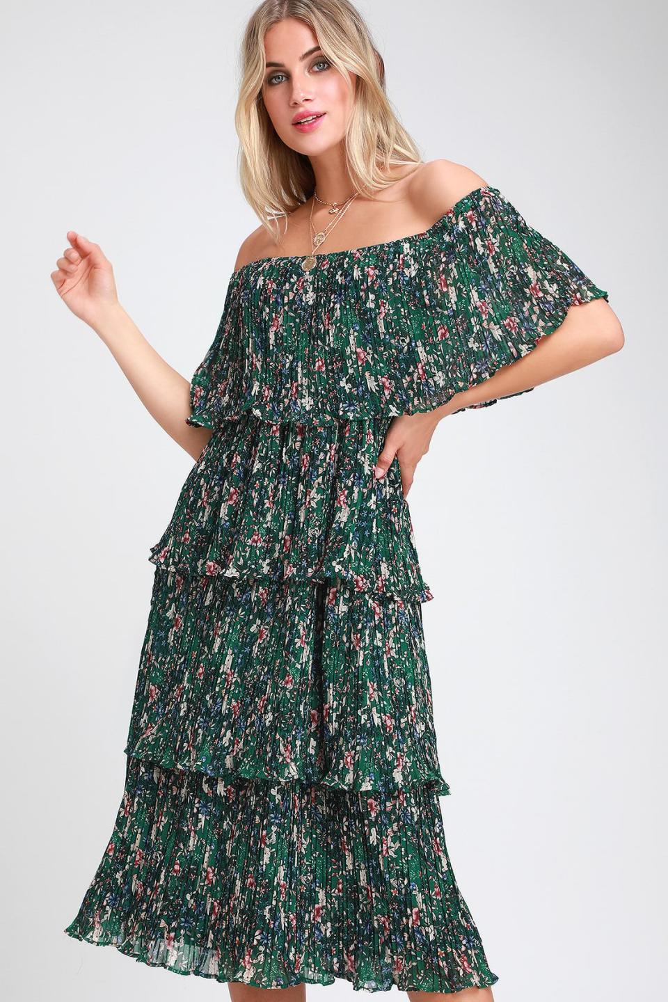 Gala Ready Green Floral Peint Off-the-Shoulder Ruffle Midi Dress