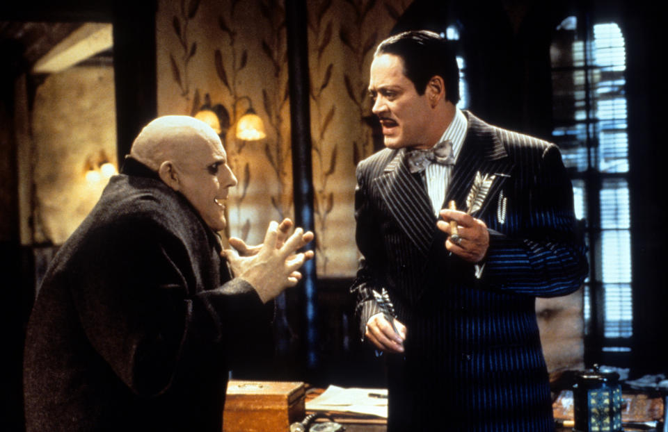 Christopher Lloyd and Raul Julia talking in a scene from the film 'Addams Family Values', 1993. (Photo by Paramount/Getty Images)