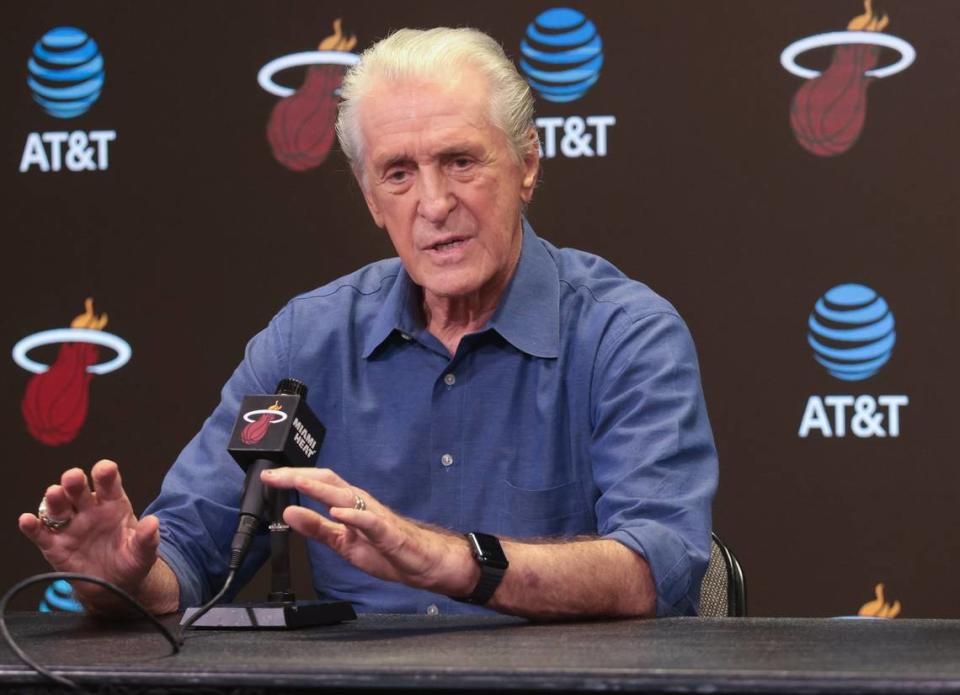 Heat president Pat Riley speaks during the season-ending press conference in the FTX Arena Media Interview Room on June 6, 2022.  (Carl Juste/Miami Herald/Tribune News Service via Getty Images)