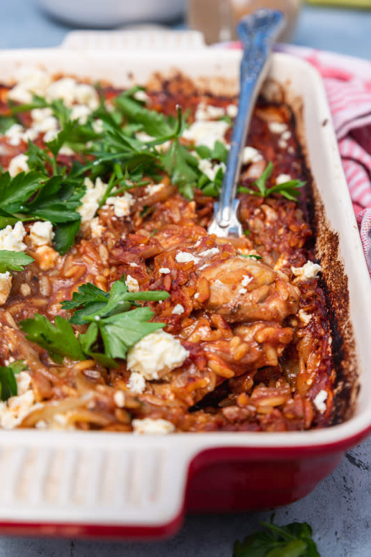 <p>Scrummy Lane</p><p>For the best family dinner, just cook chicken with orzo, tomato passata and a few yummy Greek flavours, then bake.</p><p><strong>Get the recipe: </strong><a href="https://scrummylane.com/baked-greek-chicken-orzo/?fbclid=IwAR224lUe-999Khfrr1d_rCv1N1b6xxfXAP-JS4JdqK2N16CW_i3apg7_u9I" rel="nofollow noopener" target="_blank" data-ylk="slk:Orzo Chicken Greek Style;elm:context_link;itc:0;sec:content-canvas" class="link "><strong>Orzo Chicken Greek Style</strong></a></p><p><strong>Related: <a href="https://www.yahoo.com/lifestyle/42-chinese-chicken-recipes-help-161756150.html" data-ylk="slk:42 Chinese Chicken Recipes;elm:context_link;itc:0;sec:content-canvas;outcm:mb_qualified_link;_E:mb_qualified_link;ct:story;" class="link  yahoo-link">42 Chinese Chicken Recipes</a></strong></p>