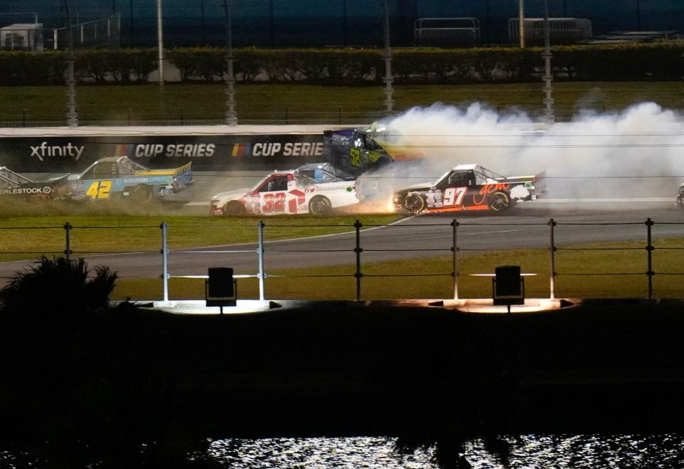 Stewart Friesen (52) crashes from second place as Stage 2 of the NextEra Energy 25 comes to a close. Tyler Ankrum won the stage.