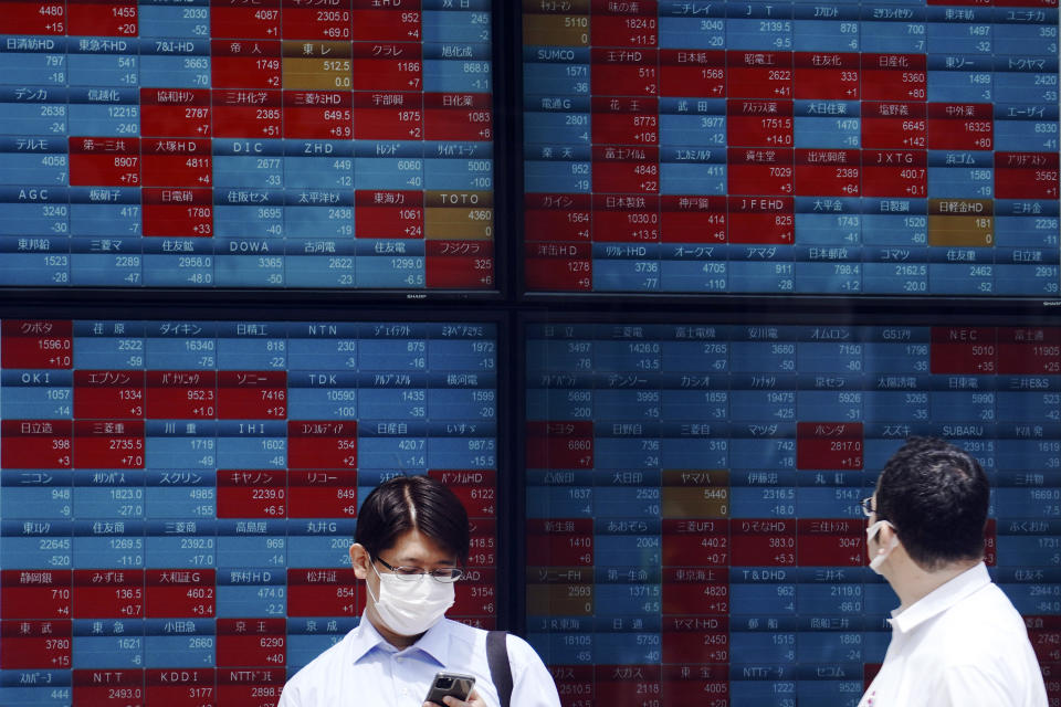 Men stand in front of an electronic stock board showing Japan's Nikkei 225 index at a securities firm in Tokyo Monday, June 15, 2020. Asian shares were mostly lower Monday on concern over a resurgence of coronavirus cases and pessimism after Wall Street posted its worst week in nearly three months. (AP Photo/Eugene Hoshiko)