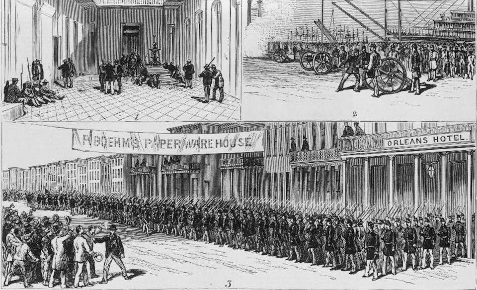 Federal troops leave New Orleans in April 1877, as Reconstruction ends. <a href="https://www.loc.gov/item/93505869/" rel="nofollow noopener" target="_blank" data-ylk="slk:A.J. Bennett in Frank Leslie's illustrated newspaper, via Library of Congress;elm:context_link;itc:0;sec:content-canvas" class="link ">A.J. Bennett in Frank Leslie's illustrated newspaper, via Library of Congress</a>