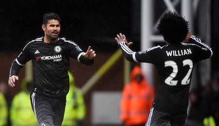 Football Soccer - Crystal Palace v Chelsea - Barclays Premier League - Selhurst Park - 3/1/16 Diego Costa celebrates with Willian after scoring the third goal for Chelsea Reuters / Dylan Martinez Livepic