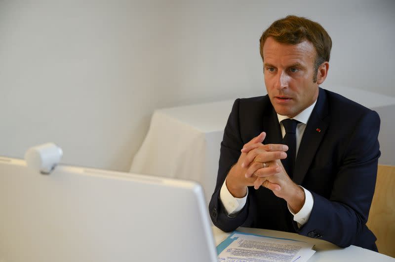 French President Emmanuel Macron attends a donor teleconference with other world leaders, in Bormes-les-Mimosas