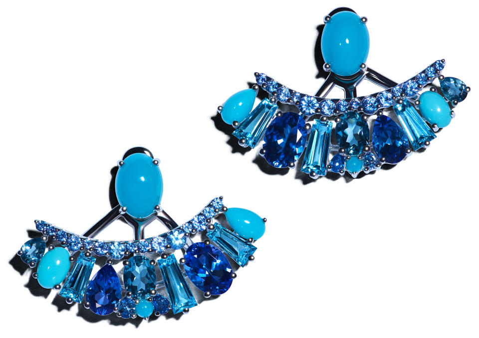 A pair of Garrard Blaze earrings with stones including blue sapphire, tanzanite, aquamarine, topaz and turquoise. - Credit: Image Courtesy of Garrard