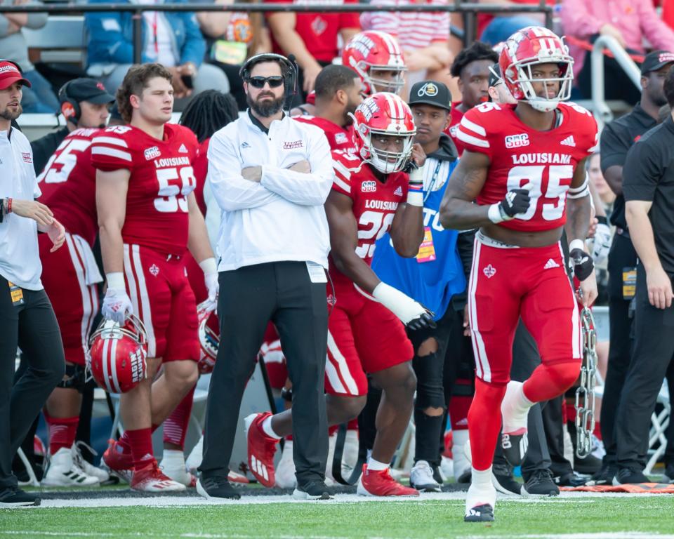 Michael Desormeaux, Co-Offensive Coordinator/TE on the sidelines as the Cajuns take on App State in the SBC Championship game at Cajun Field.  Saturday, Dec. 4, 2021.